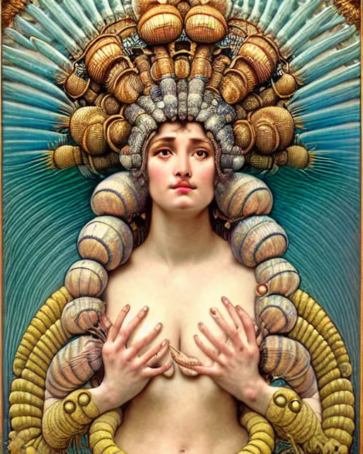 Image similar to hyperrealistic detailed face portrait of the beautiful goddess of the giant isopods with an intricate golden ornamental geometrical fractal giant isopod headdress, art by ernst haeckel, john william godward, android jones, alphonso mucha, h. r. giger, gothic - cyberpunk, ornamental, dimmed pastel colours,