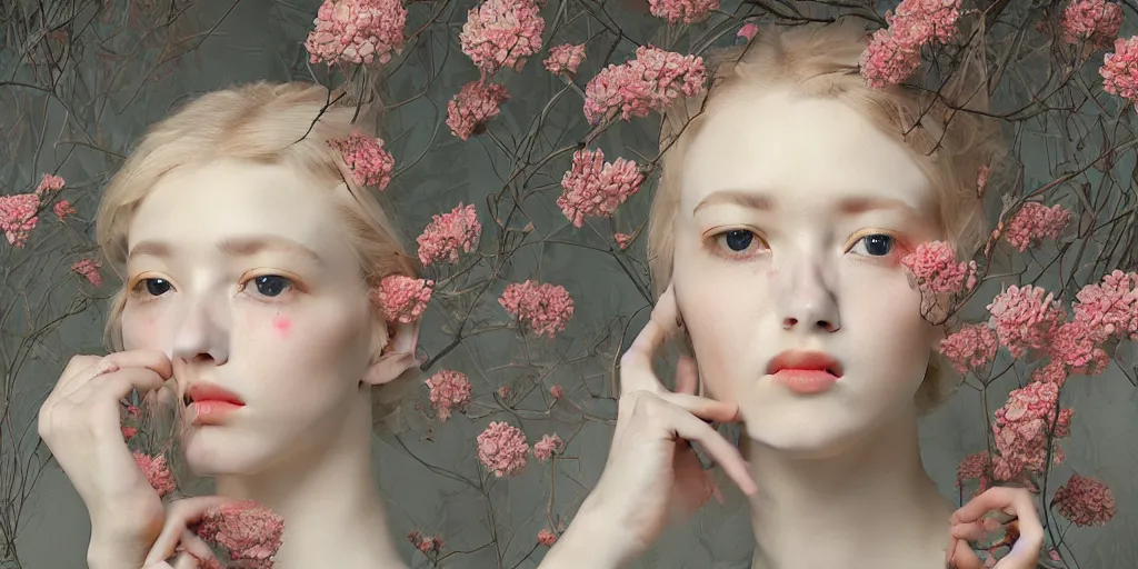 Image similar to breathtaking detailed concept art painting pattern of blonde short hair faces weird girls with anxious piercing eyes and blend of flowers and birds, by hsiao - ron cheng and john james audubon, bizarre compositions, exquisite detail, extremely moody lighting, 8 k