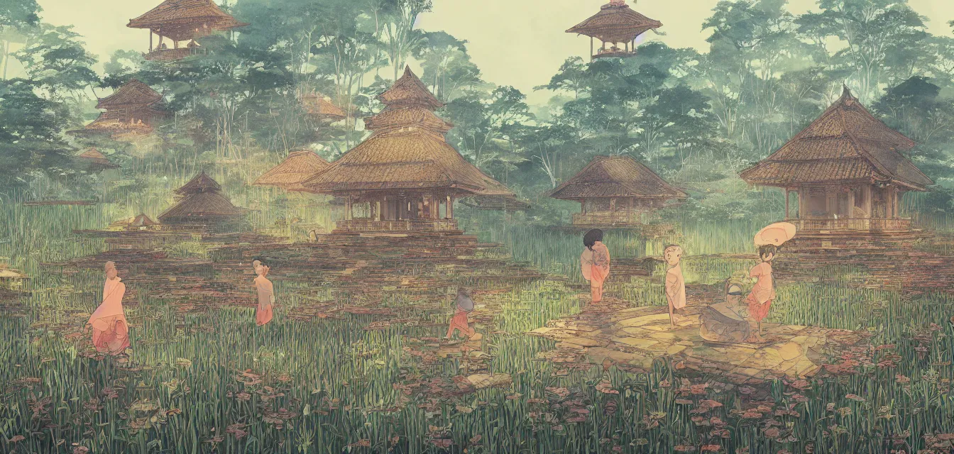 Prompt: dreamy children's book water - color illustration of an indonesian candi temple in a wet rice field, makoto shinkai, james jean, victo ngai