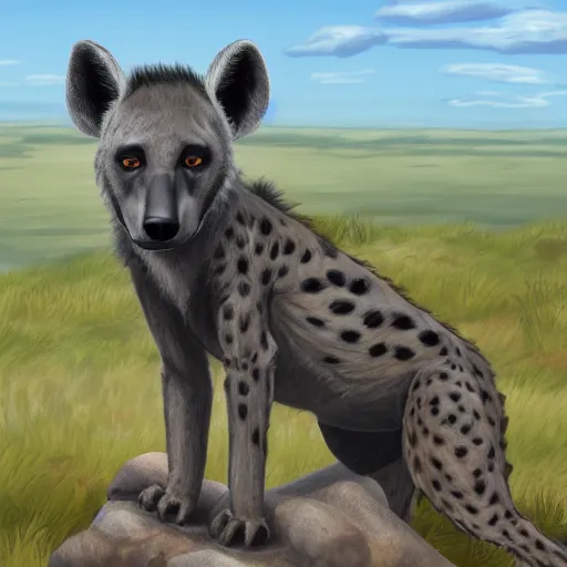 Prompt: anthromorphic Hyena standing on a rock looking out on the savana, furaffinity, detailed