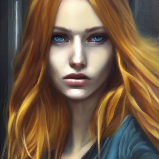 Prompt: oil painting of jinx with golden blonde hair, standing in abandoned building, in style of charlie bowater, detailed face,