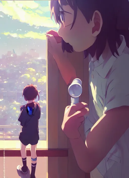 Image similar to boy teaching a girl using telescope on the balcony timidly, illustration concept art anime key visual trending pixiv fanbox by wlop and greg rutkowski and makoto shinkai and studio ghibli