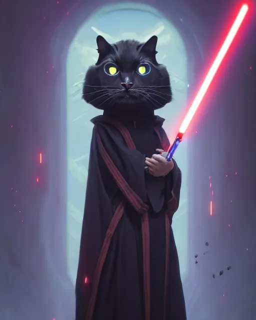 Image similar to highly detailed surreal vfx portrait of a sith cat with black robes, stephen bliss, unreal engine, greg rutkowski, loish, rhads, beeple, makoto shinkai and lois van baarle, ilya kuvshinov, rossdraws, tom bagshaw, alphonse mucha, global illumination, detailed and intricate environment