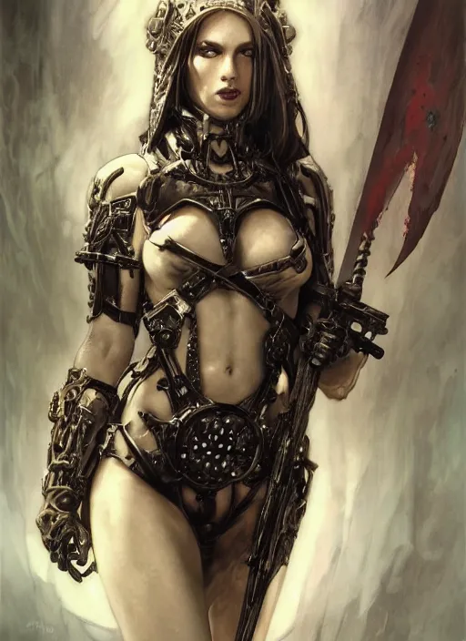 Image similar to portrait of beautiful pale gothic muscular maiden with sword, covered in blood, warhammer 40000, cyberpunk, intricate, elegant, highly detailed, digital painting, artstation, concept art, smooth, sharp focus, illustration, art by artgerm and greg rutkowski and alphonse mucha and Gustav Klimt and Ilya Kuvshinov