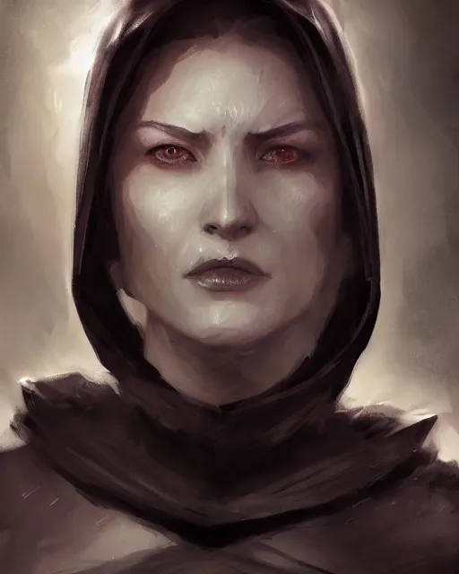 Prompt: closeup portrait, beautiful woman dark lord of the sith wearing a black hooded jedi cloak, white skin, dark eyes, craig mullins, rim light, volumetric lighting, concept art, smooth, sharp focus, arney freytag, glamour pose, soft ambient lighting,, iso 4 0 0, 6 2 mm,