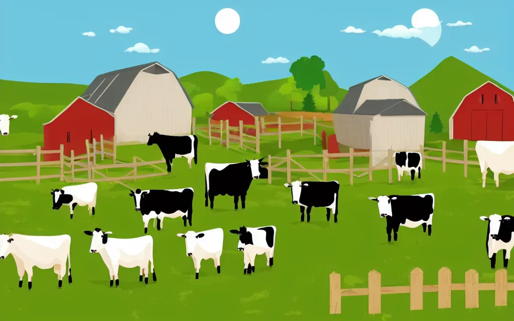 Prompt: miniature farm, minimalistic vector art, godrays on animals, volumetric light, cartoon render, pasture, cows, barn, happy landscape