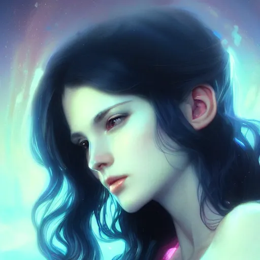 Image similar to beautiful, young woman, sad eyes, tears running down, vaporwave aesthetic, synthwave, digital painting, artstation, concept art, smooth, sharp focus, illustration, art by artgerm and greg rutkowski and alphonse mucha