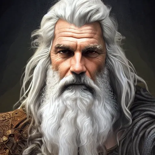 Image similar to portrait of rugged zeus, greek god, 5 0 years old, handsome, white hair, soft hair, d & d, muscular, hairy torso, fantasy, intricate, elegant, highly detailed, digital painting, artstation, concept art, smooth, sharp focus, illustration, art by artgerm and greg rutkowski and alphonse mucha