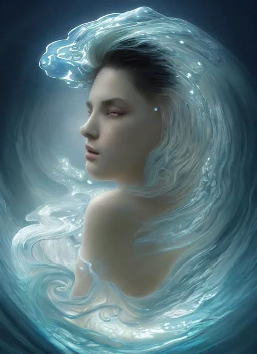 Image similar to a dreamy moody underwater photographic portrait of a anthropomorphic bioluminescent liquid wave, dramatic volumetric lighting, fantasy, intricate, elegant, highly detailed, digital painting, artstation, concept art, smooth, sharp focus, illustration, art by artgerm and h r giger and alphonse mucha