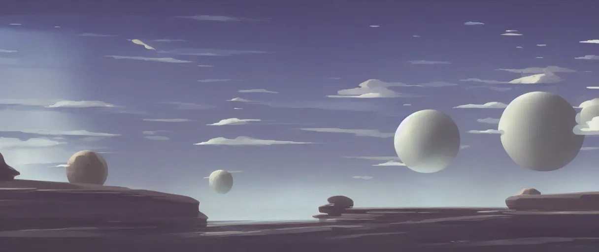 Image similar to floating islands in sky, concept art, low angle, cinematic, style of ralph mcquarrie