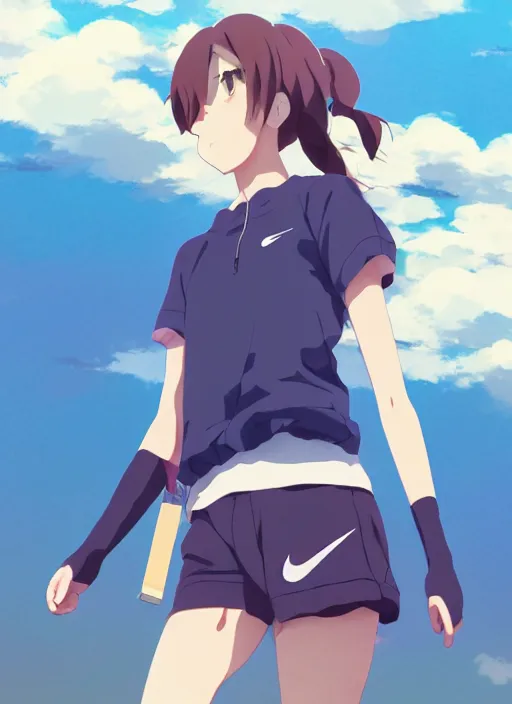 Image similar to portrait of high school runner girl, sunny sky background stadium landscape illustration concept art anime key visual trending pixiv fanbox by wlop and greg rutkowski and makoto shinkai and studio ghibli and kyoto animation real face short down hair sports clothing marathon race sponsors nike shirt