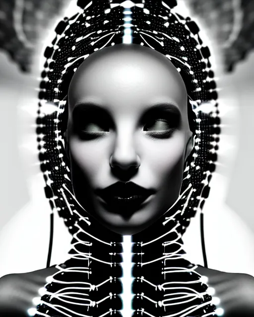 Image similar to black and white dreamy spiritual connected young female cyborg - plant goddess high quality photo, microchip, artificial intelligence, bio - mechanical bio - luminescence, black wired cables, neurons, nerve cells, cinematic, rim light, photo - realistic, elegant, high detail, 8 k, masterpiece, high fashion