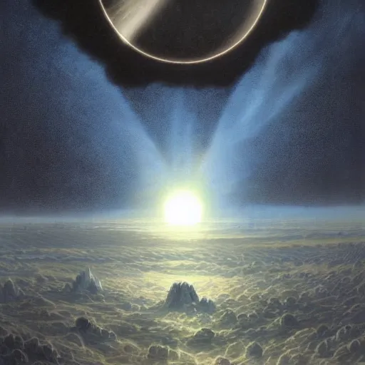 Image similar to starship, solar eclipse, looming over the earth, artstation hq, painting by gustave dore