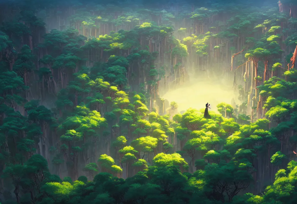 Prompt: high view of the background of a forest that has an endless pit in the bottom of the image, stylised painting, visible brush strokes, forest, medieval architecture, dynamic lighting, aesthetics, smooth, d & d, fantasy, asymmetrical, intricate, elegant, matte painting, by makoto shinkai borderlands and by feng zhu rossdraws