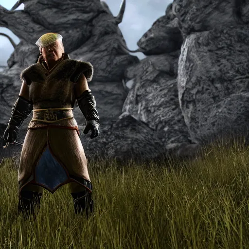 Prompt: a screenshot of donald trump in skyrim, 4 k detail