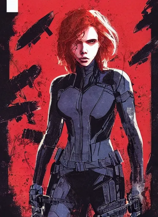 Image similar to comic cover art by david mack and greg rutkowski, black widow full body, tight fit, vivid vector colors, russian female, perfectly symmetrical facial features, hyperdetailed, bleed, spatter, india ink, bill sienkiewicz