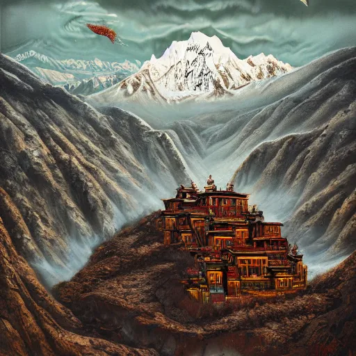 Image similar to omar shanti himalaya tibet, by giger, acrilic paint, digital, artstation, detailed intricate ink illustration, heavenly atmosphere, digital art, overdetailed art, concept art, complementing colors, trending on artstation, cgstudio, the most beautiful image ever created, dramatic, subtle, details, award winning artwork, beautiful scenery