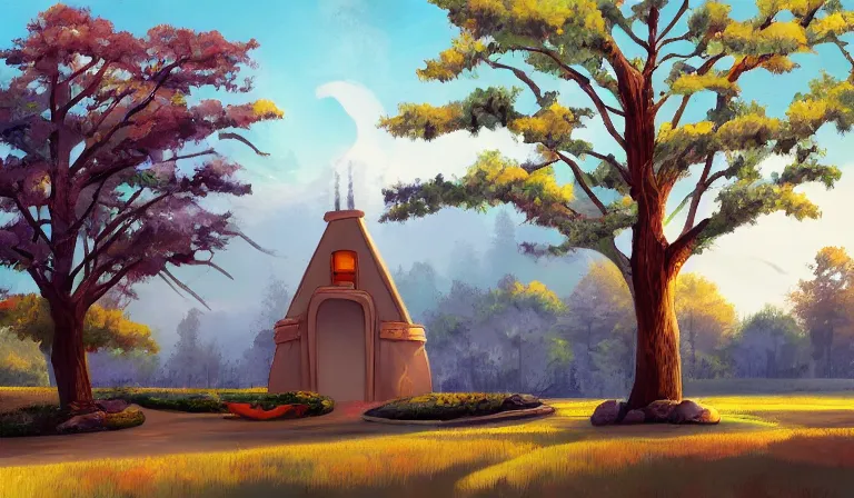 Prompt: A serene landscape with a singular building in the style of Walt Disney.