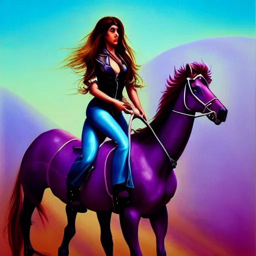 Image similar to painting of a very beautiful woman riding a centaur,, and a purple coloured leather jacket, one side haircut, long brown hair with light blue ends, portrait, hyperdetailed, artstation, cgsociety, synthwave by tangerine dream, by jean - michel jarre, by vangelis, by john carpenter