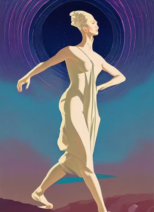 Image similar to poster artwork by michael whelan and tomer hanuka, portrait of beautiful sensual dancer in the clouds of jupiter, clean, art deco