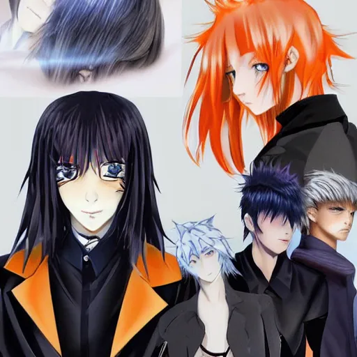 Image similar to orange - haired anime boy, 1 7 - year - old anime boy with wild spiky hair + 1 7 - year - old pale - skinned persian girl with black hair long bob cut, long bangs, black gothic jacket, ultra - realistic, sharp details, subsurface scattering, blue sunshine, intricate details, hd anime, 2 0 1 9 anime