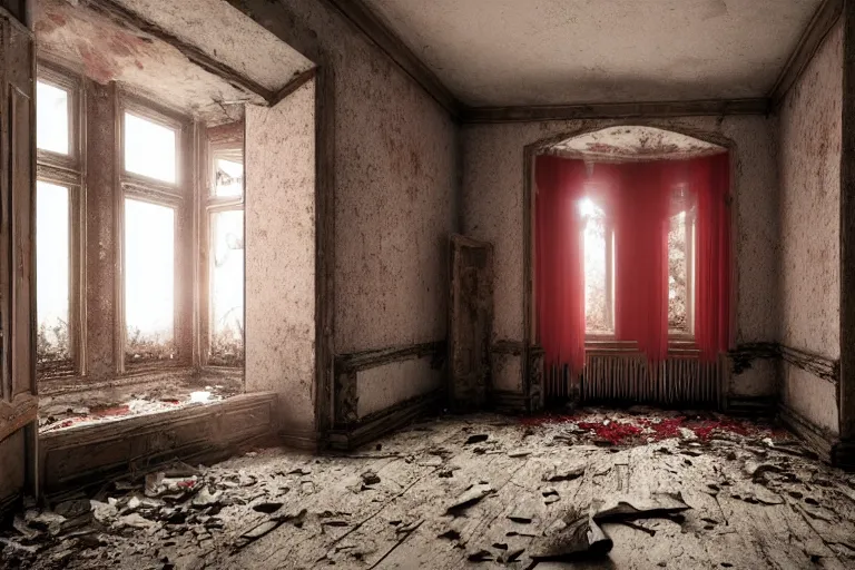 Prompt: ruined, abandoned polish mansion bedroom, seen from inside. Diffused, red light falls through the broken windows. Dirt, leaves on ground. Unreal Engine. Substance painter. Zbrush. Trending on artstation. 8K. Highly detailed.