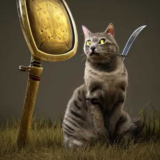 Image similar to a cat with a sword and shield, octane render, unreal engine, fantasy art
