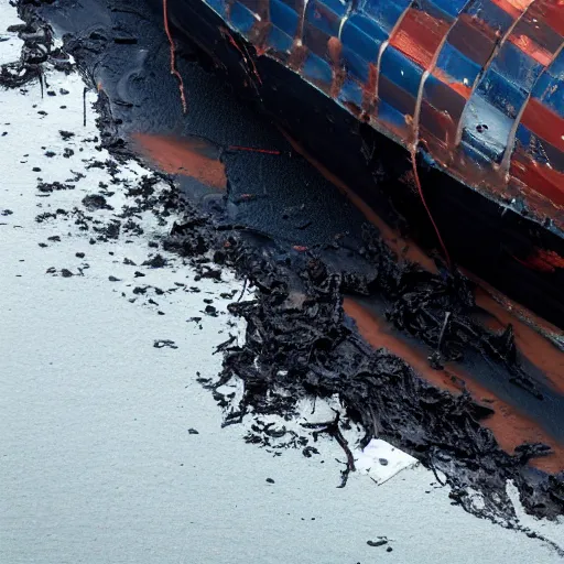 Image similar to airborne view, crashed cargo ship leaking mysterious black slime, black gooey liquid leaking out of crashed cargo ship, apocalyptic, ruined, container ship, crashed, 8 5 mm f / 1. 4