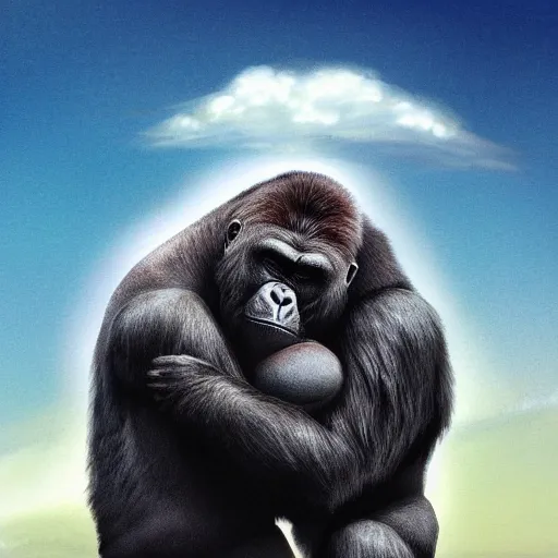 Prompt: walrus hugs gorilla, clouds in background, artstation, award - winning, concept art, serene,