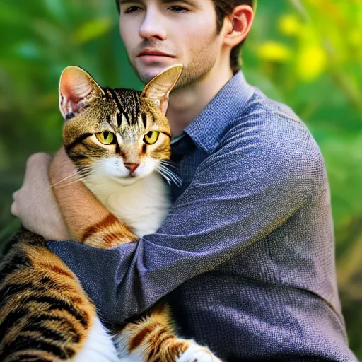 Image similar to A pretty human male with cat features, in his natural habitat. Pictured are his cute ears and long tail. 4K National Geographic photograph
