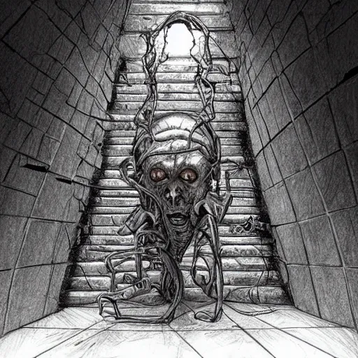 Image similar to the man stuck in the wall, creepy explorer sketch, godlike design, concept art, eldritch, grand scale, intricate detailed