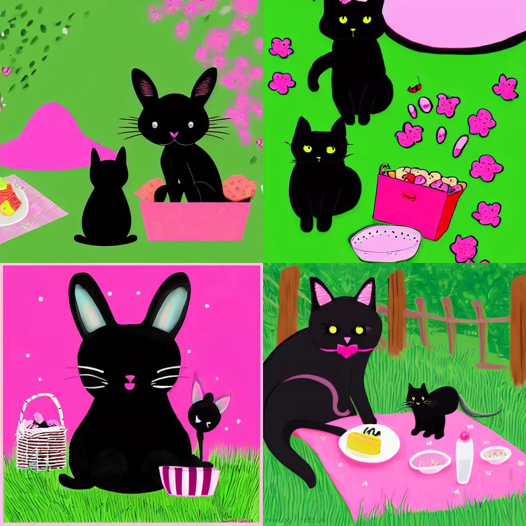 Prompt: a black cat and a pink bunny are having a picnic, digital art.