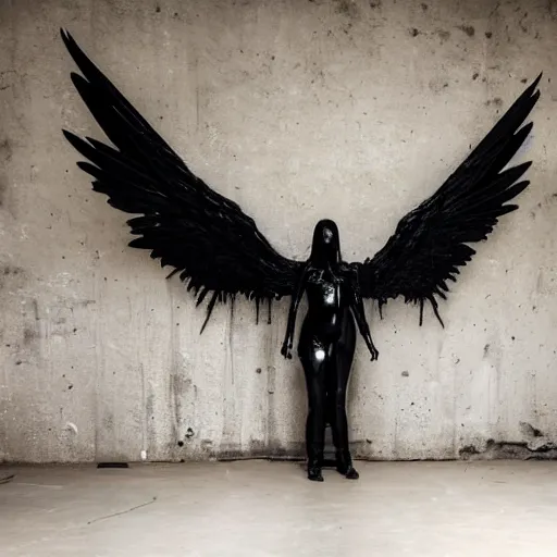 Prompt: “3d black metal winged sculpture made of glossy black liquid latex, iron and asphalt, in abandoned basement, brutalist, designed by rick owens, andrei tarkovsky and hr giger, asymmetrical composition, 8k hyperrealistic, hyper-detailed, highly textured, dark volumetric lighting, fine details, muted, octane render, asymmetry” — h 768 - n 7 —i