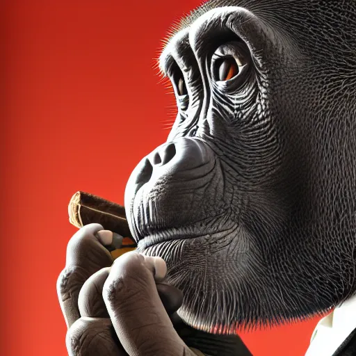Image similar to a high detail shot of a chimp wearing a suit, smoking a cigar, render, cgsociety, photorealism