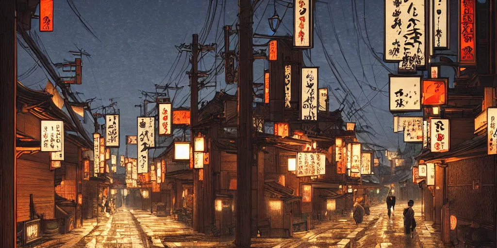 Image similar to feudal japan tokyo street at night, street level, cinematic lighting, 4k, trending on artstation, low key, intricate illustration, digital art, ultra detailed, art by albert bierstadt