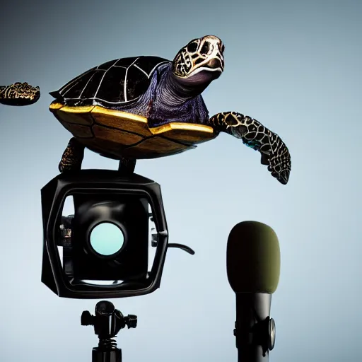 Image similar to a antropomorphic turtle making voice over in professional studio. Studio lighting f 1.2