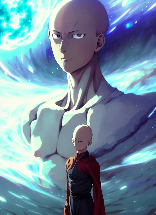 Image similar to saitama, anime, colors, holy, full body, manga, 8 k, illustration, comprehensive art, thorough details, intricate, galaxy, atmosphere, unreal engine, video game, highly detailed, symmetrical, concept art, peter mohrbacher, charlie bowater, artstation, craig mullins, cinematic, digital painting, deviantart, cinematic lighting, 4 k