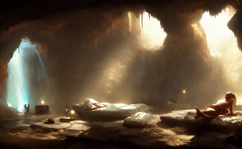 Image similar to painting of an interior of a cozy bedroom in a cave, small hot spring and waterfall in a connected room, natural light, fantasy, natural light, concept art, by greg rutkowski and craig mullins, cozy atmospheric and cinematic lighting, trending on artstation