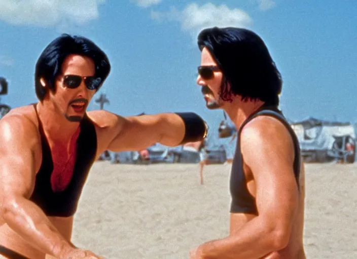 Image similar to film still of Keanu Reeves as Maverick playing beach volleyball in Top Gun 1986