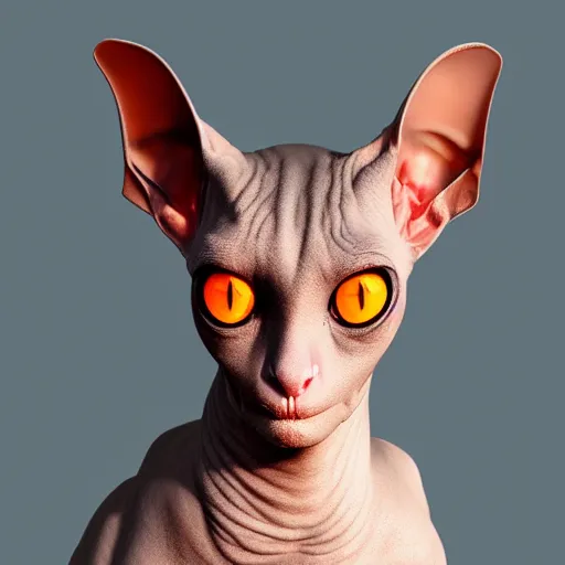 Image similar to A hairless sphinx cat with three red eyes and mysterious lighting, award winning, artstation trending, 8K