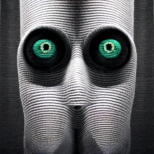 Image similar to portrait photo of a wool sock with giant eyes, face made from thick cyberpunk wires, extremely high details, realistic, by MC Escher and Rene Margitte and victor enrich