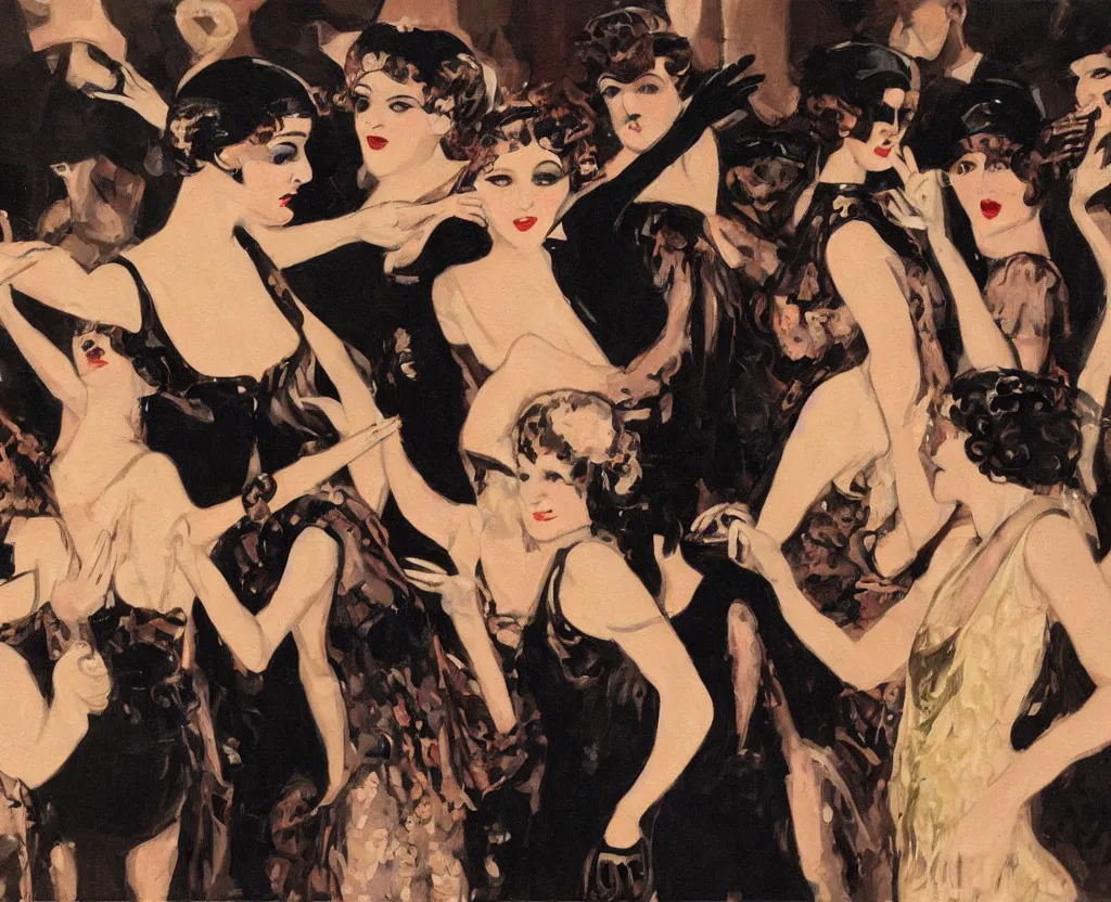 Image similar to realistic painting of a 1 9 2 0 s short - haired flapper woman in black satin gloves dancing with others surrounding her in the center of a party in a dimly lit speakeasy, jazz age, precise, wide lens photography, cohesive, stylistic, cinematic, low - lighting