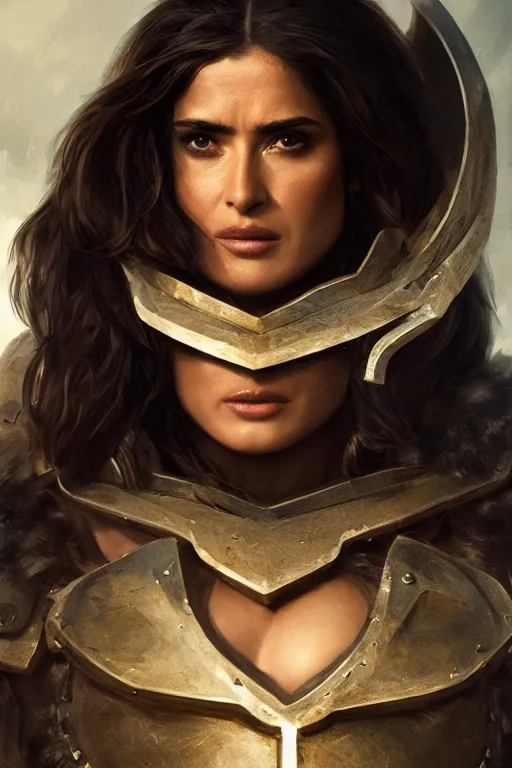 Prompt: portrait, Salma Hayek , barbarian , dressed in leather armor, face portrait, raphael lacoste, eddie mendoza, alex ross, concept art, matte painting, highly detailed, rule of thirds, dynamic lighting, cinematic, detailed, denoised, centred