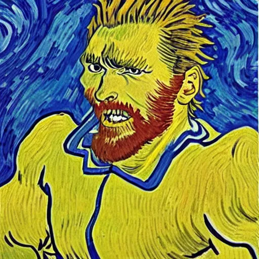 Prompt: strong hero muscles all might balding huge smile strong chin van gogh paiting style