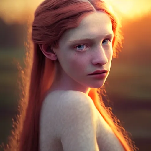 Image similar to photographic portrait of a stunningly beautiful english virgin renaissance female in soft dreamy light at sunset, beside the river, soft focus, contemporary fashion shoot, in a denis villeneuve and tim burton movie, by edward robert hughes, annie leibovitz and steve mccurry, david lazar, jimmy nelsson, extremely detailed, breathtaking, hyperrealistic, perfect face, octane render