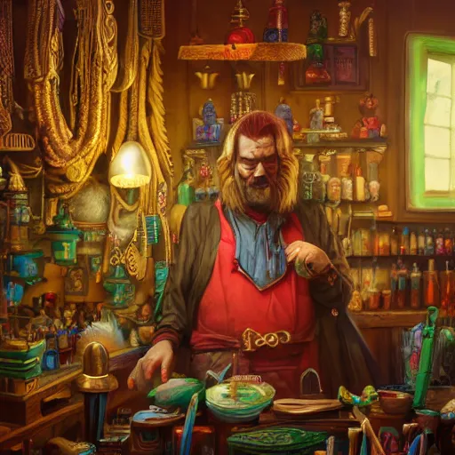 Prompt: A Anthropomorphized parrot trader in his shop, selling his wares, portrait, items, gold, carpet, window, sly expression, cunning expression, D&D, fantasy, intricate, cinematic lighting, highly detailed, digital painting, artstation, concept art, smooth, sharp focus, illustration, magic the gathering artwork, art by Akihiko Yoshida, Greg Rutkowski