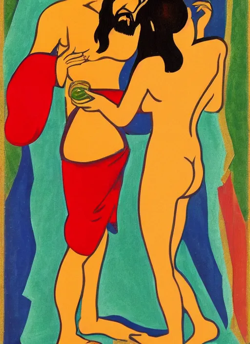 Image similar to painting of jesus being seductively unrobed by a mysterious woman, 8 k cel shading, pivix, in the style of ernst ludwig kirchner