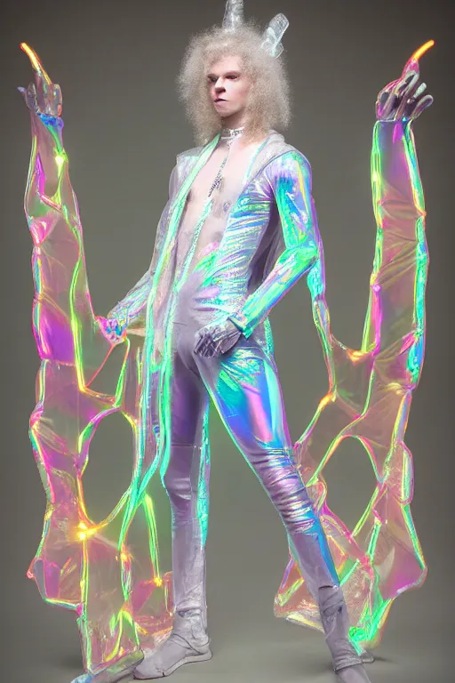 Image similar to full-body rococo and cyberpunk delicate neon crystalline sculpture of ((muscular slender albino prince Joe Jonas)) (((con la piroca dura))) as an iridescent humanoid deity wearing a thin see-through ((plastic hooded cloak)) sim roupa (holding a human skull), reclining con (((las piernas abiertas))), glowing pink face, crown of (white lasers), large diamonds, swirling black silk fabric. futuristic elements. oozing glowing liquid, full-length view. space robots. intricate artwork by caravaggio. Trending on artstation, octane render, cinematic lighting from the right, hyper realism, octane render, 8k, depth of field, 3D