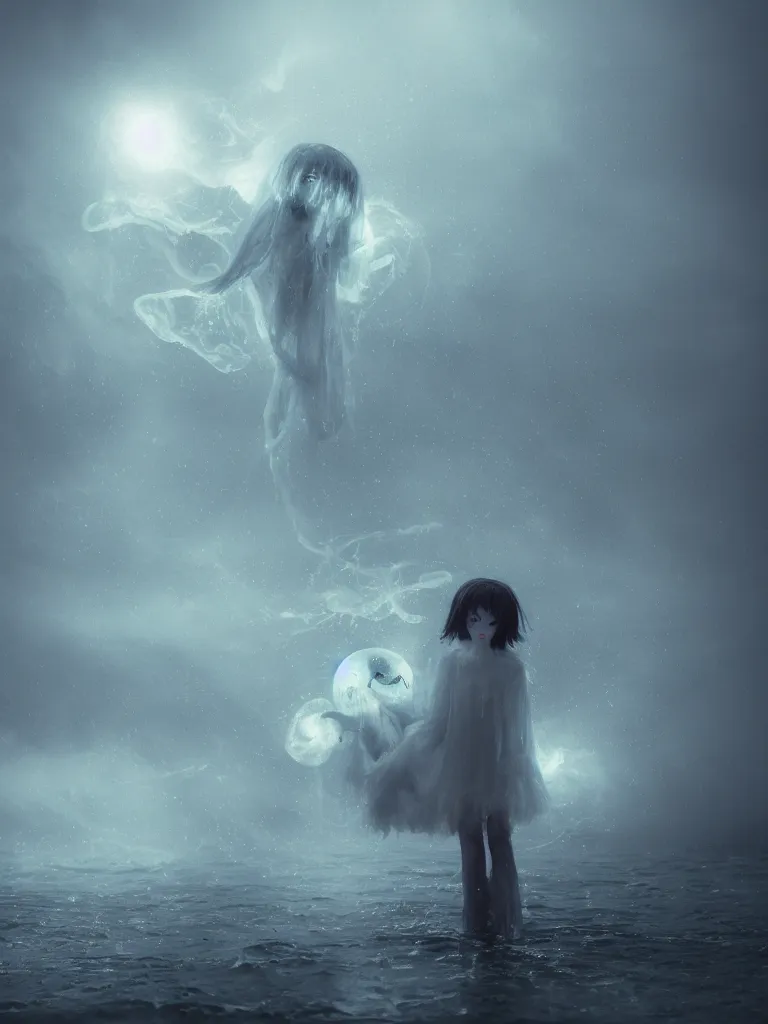 Image similar to cute fumo plush beautiful ectoplasmic gothic skeletal jellyfish ghost girl, glowing milky wisps of hazy smoke and volumetric fog on a stormy reflective river in the rain, heavy rainstorm, lens flare, subsurface scattering, vignette, asymmetry, bokeh, refraction, vray