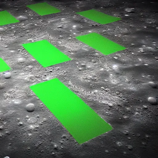 Image similar to 3 d render of a green soccer pitch on the moon, extreme long shot, unreal engine, realistic